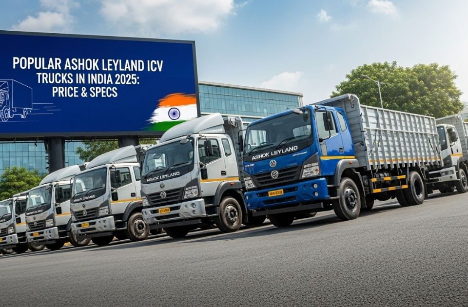 Line-up of Ashok Leyland ICV trucks parked on road with a billboard showing 2025 prices and specs in India