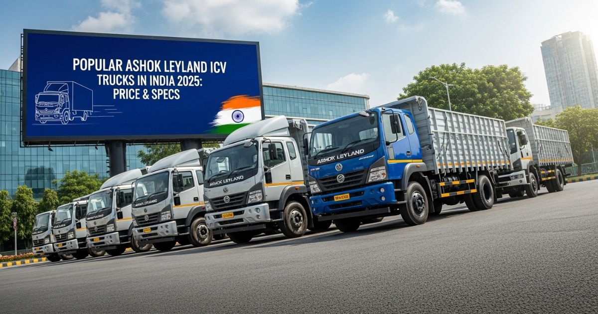 Line-up of Ashok Leyland ICV trucks parked on road with a billboard showing 2025 prices and specs in India