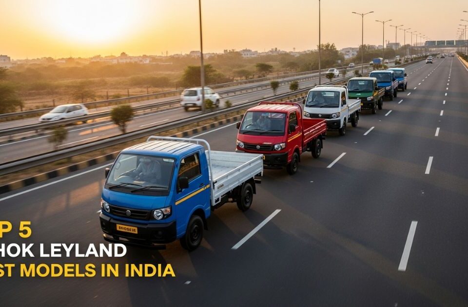 Ashok Leyland Dost Pickup trucks driving on Indian highway at sunset in multiple color variants