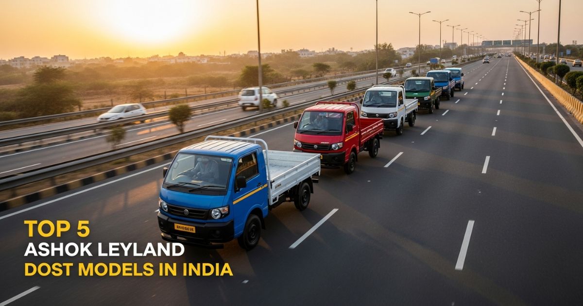 Ashok Leyland Dost Pickup trucks driving on Indian highway at sunset in multiple color variants