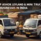 Ashok Leyland pickup and mini trucks loaded with goods in Indian street market for small businesses