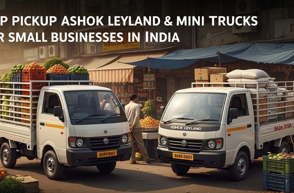 Ashok Leyland pickup and mini trucks loaded with goods in Indian street market for small businesses