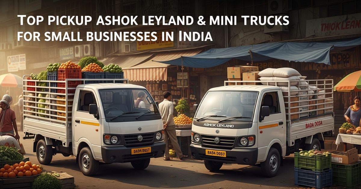 Ashok Leyland pickup and mini trucks loaded with goods in Indian street market for small businesses