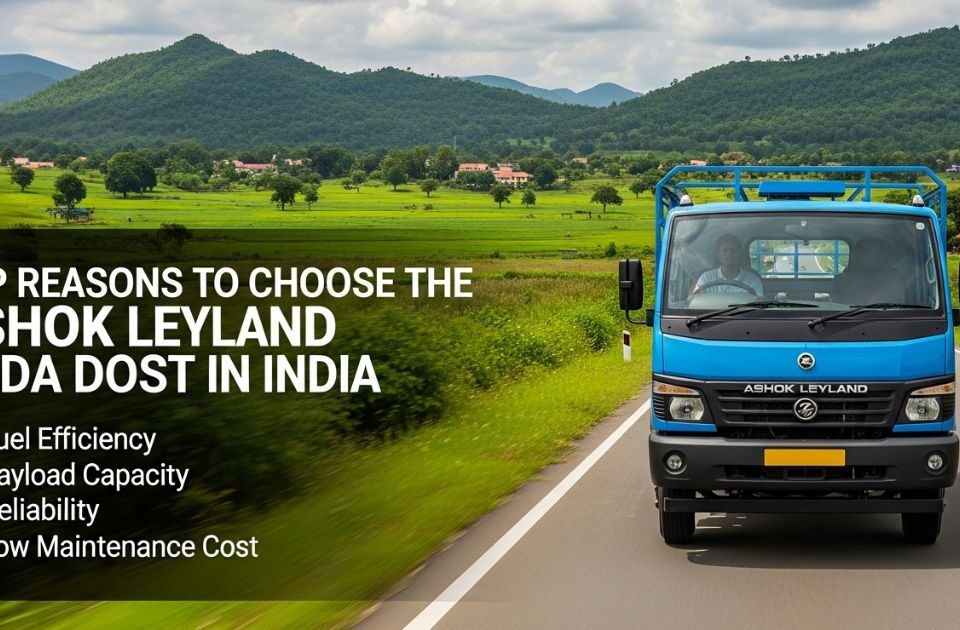 Ashok Leyland Bada Dost truck driving on highway with green fields and hills in the background in India