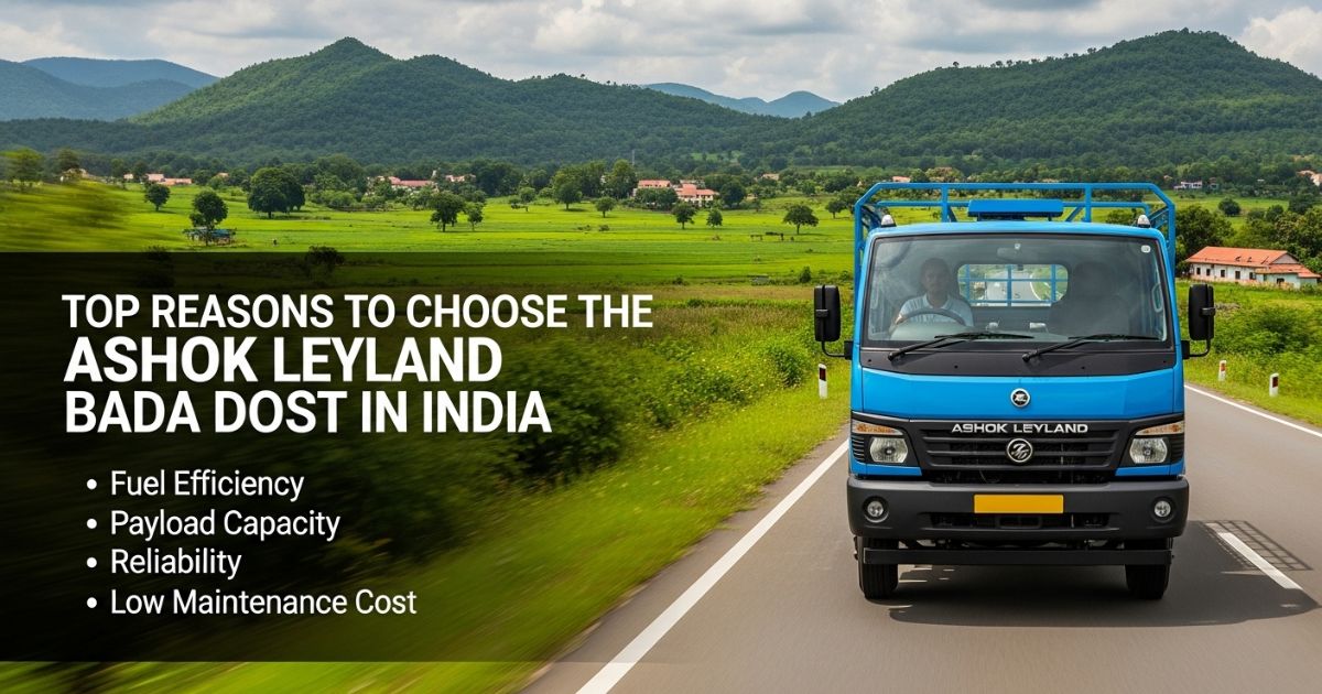 Ashok Leyland Bada Dost truck driving on highway with green fields and hills in the background in India