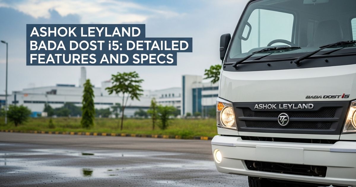 Close-up of Ashok Leyland Bada Dost i5 parked on roadside with factory building in the background