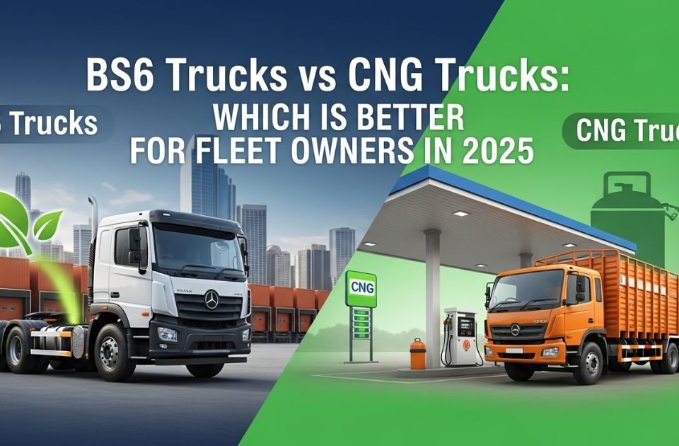 BS6 Trucks vs CNG Trucks comparison image showing fuel options and fleet choices for 2025 logistics.