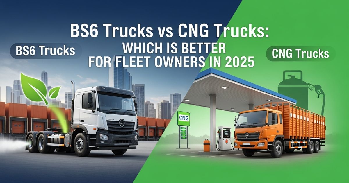 BS6 Trucks vs CNG Trucks comparison image showing fuel options and fleet choices for 2025 logistics.