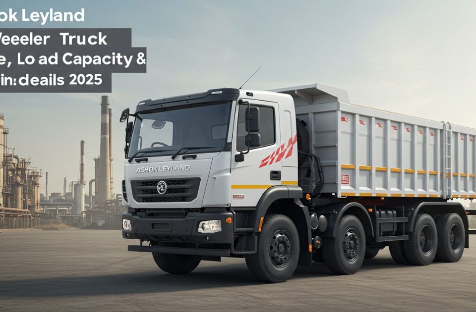 Ashok Leyland 16-Wheeler Truck parked near industrial plant highlighting specs and load capacity