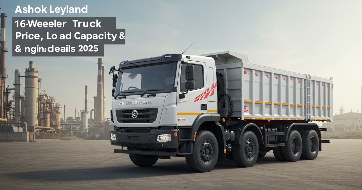 Ashok Leyland 16-Wheeler Truck parked near industrial plant highlighting specs and load capacity