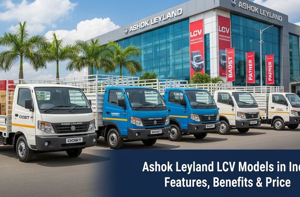 Lineup of Ashok Leyland LCV models parked outside showroom showcasing features and load capacity