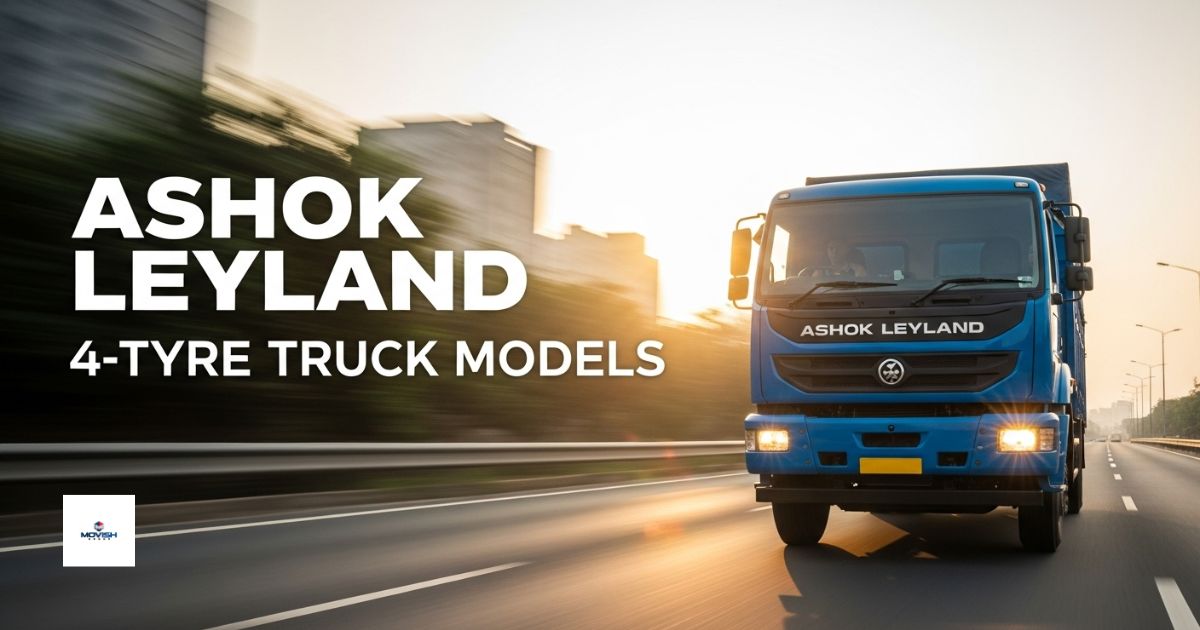 Blue Ashok Leyland 4-tyre truck model driving on highway, built for reliable transport solutions.